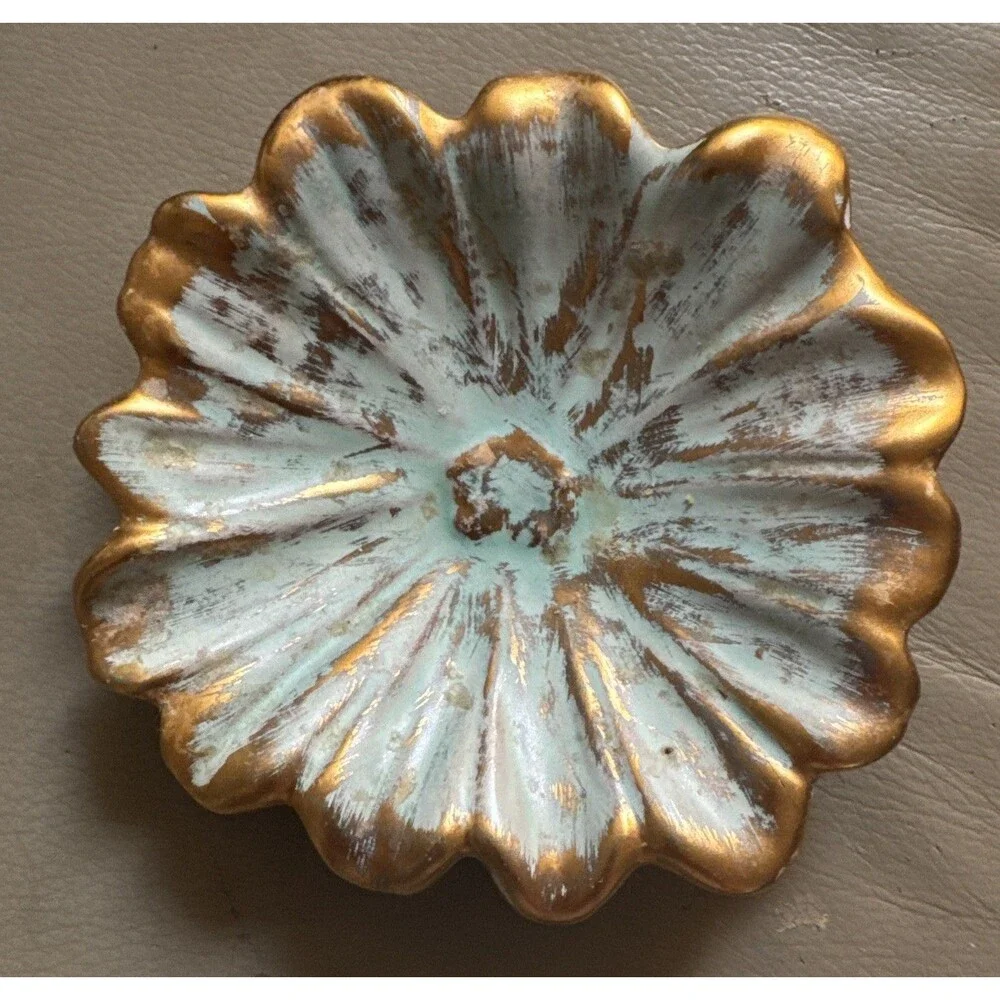 Vintage Stangl Pottery #4036 Flower Bowl Dish Antique Gold & Turquoise 22k Wash